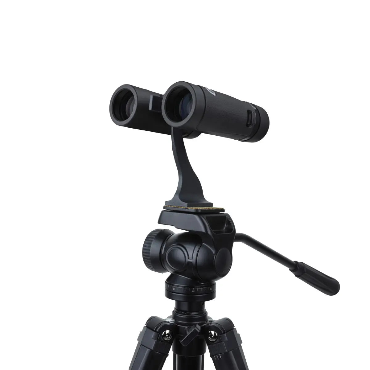 Black binoculars on a tripod with a white background