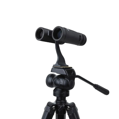 Black binoculars on a tripod with a white background
