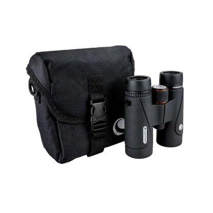 Black binoculars with carrying case on a white background