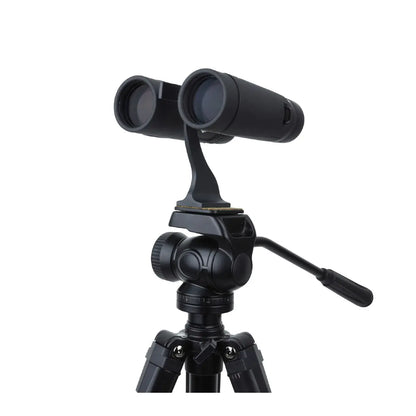 Black binoculars on a tripod with a white background