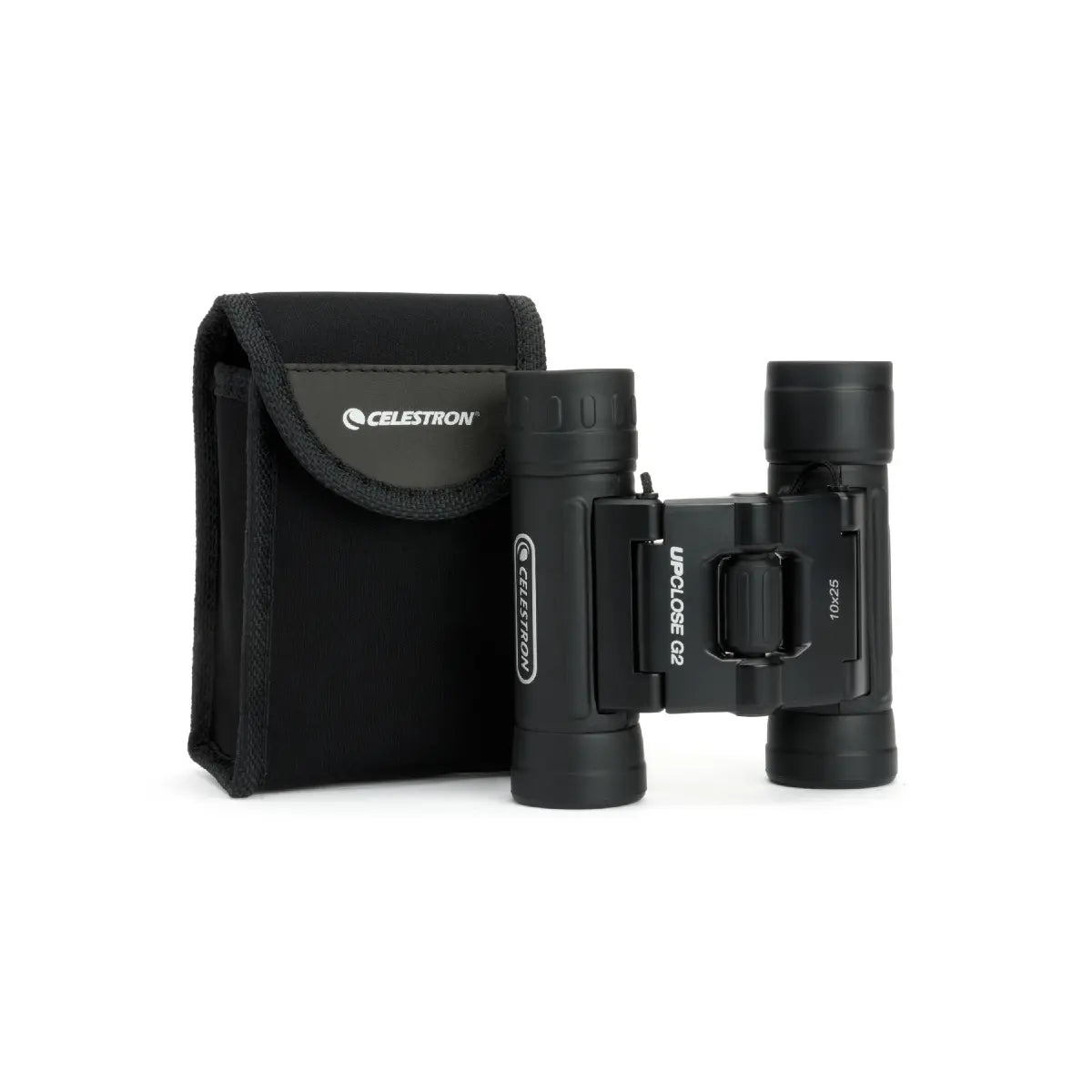 Black binoculars with carrying case on a white background, featuring Celestron branding.