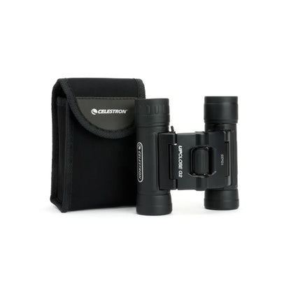 Black binoculars with carrying case on a white background, featuring Celestron branding.
