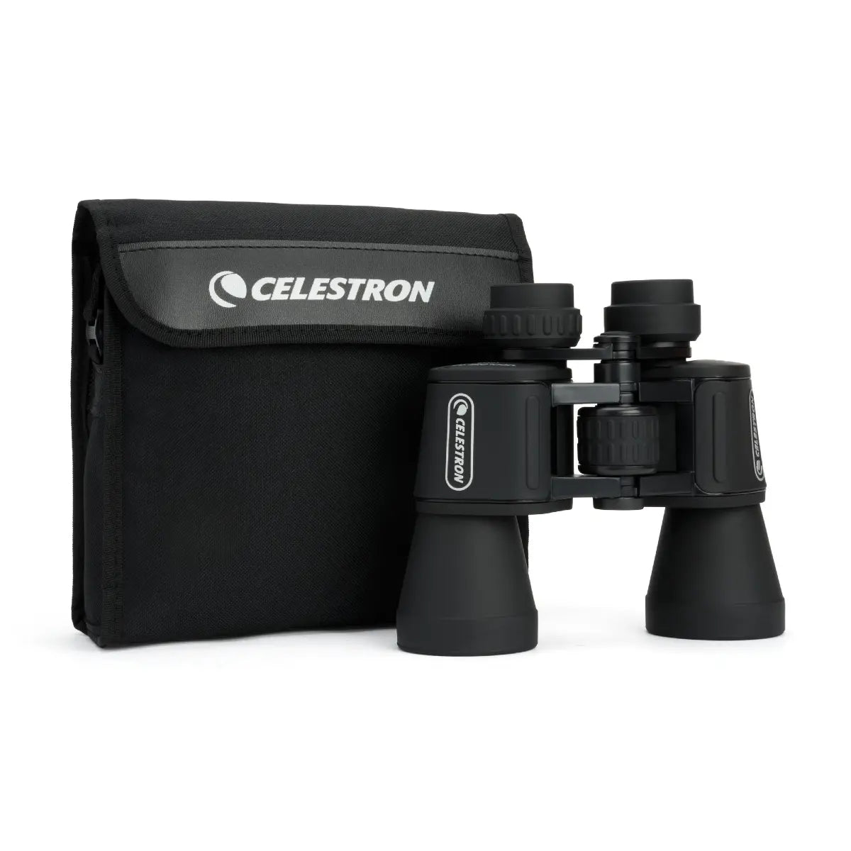 Black Celestron binoculars with carrying case on a white background