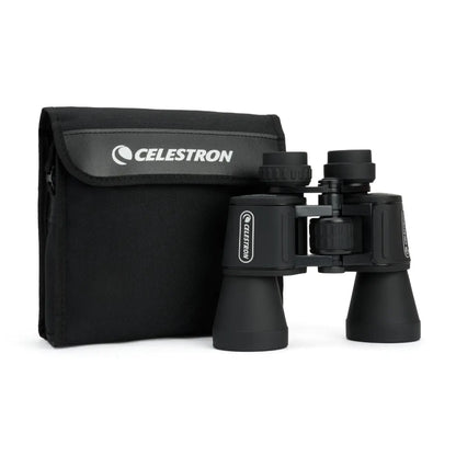 Black Celestron binoculars with carrying case on a white background