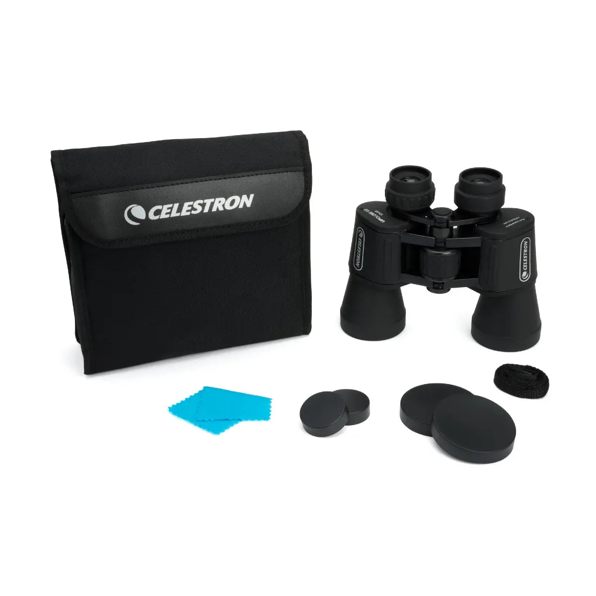 Celestron binoculars with cleaning cloth and lens caps on a white background