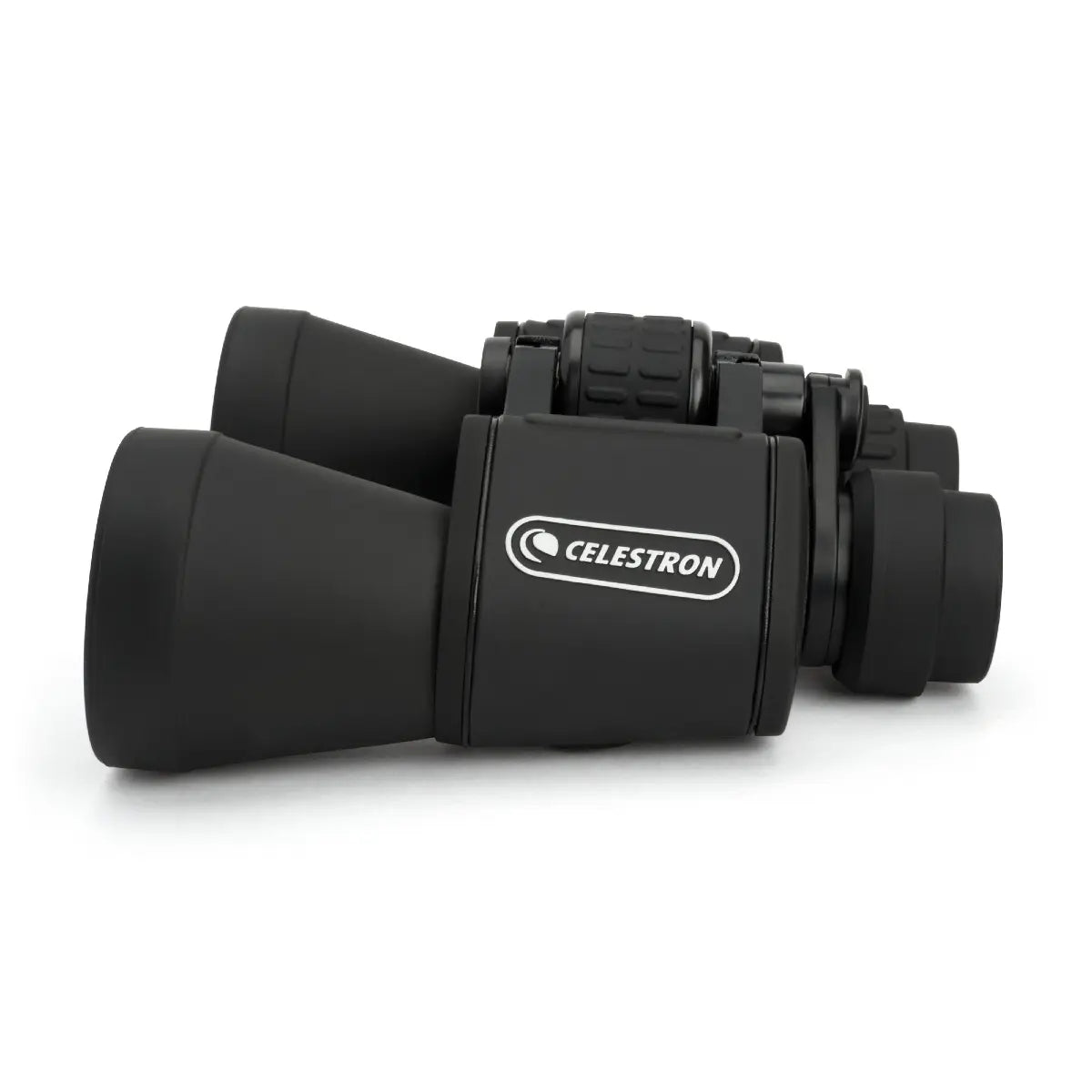 Black Celestron binoculars on a white background