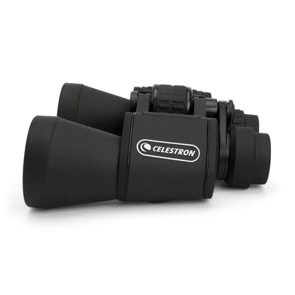 Black Celestron binoculars on a white background