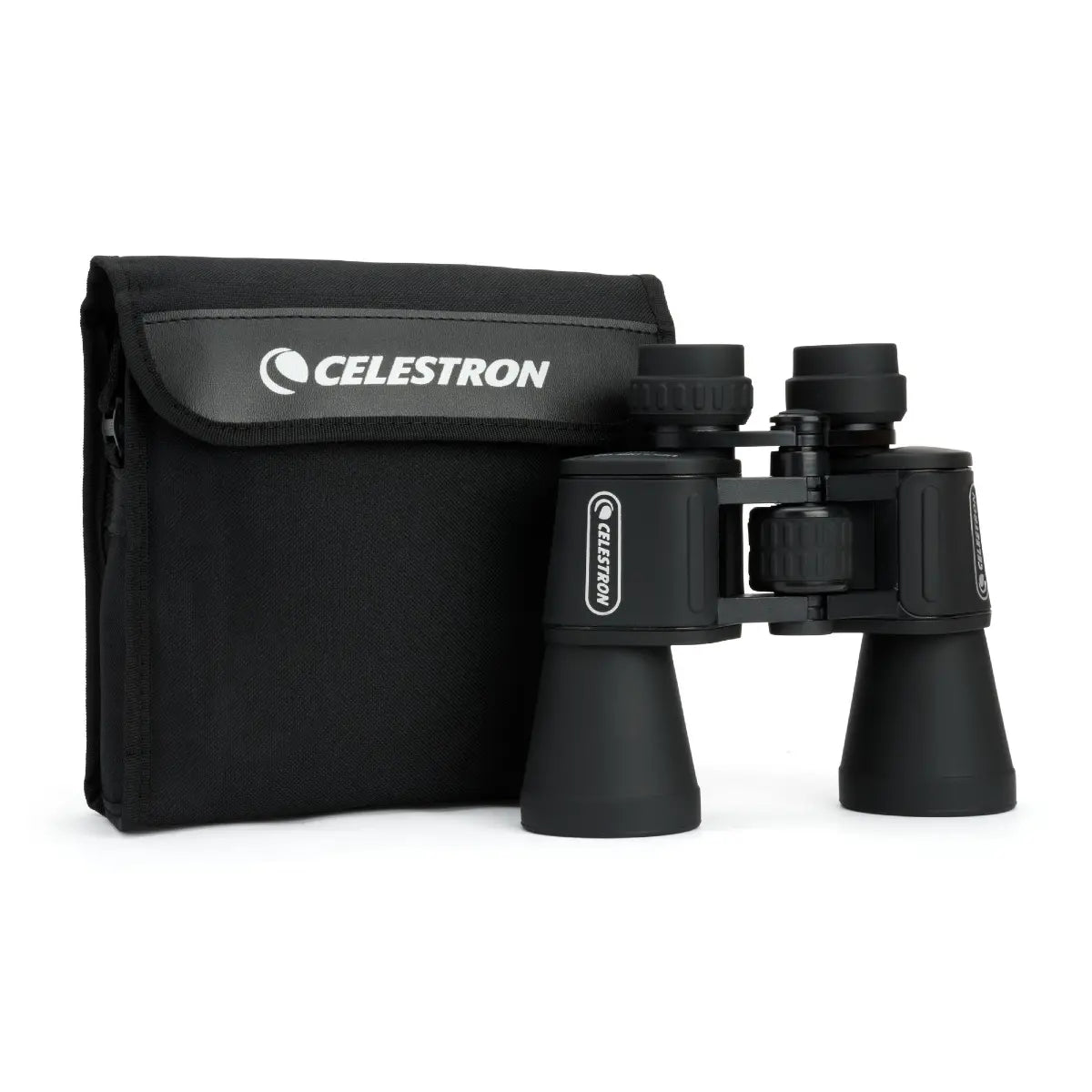 Black Celestron binoculars with carrying case on a white background