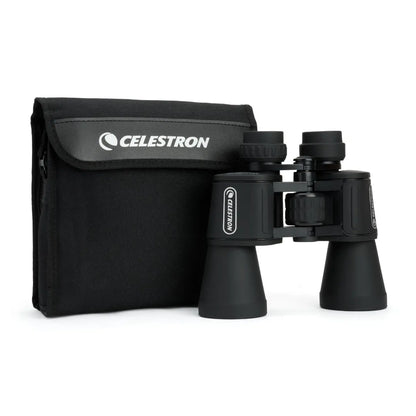 Black Celestron binoculars with carrying case on a white background