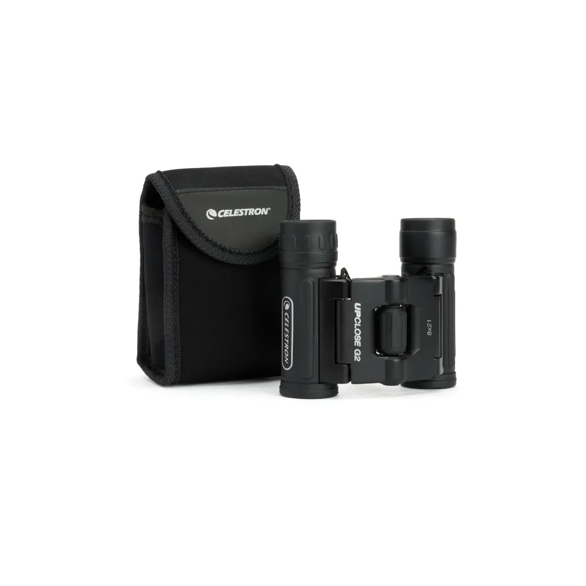 Celestron binoculars with carrying case on a white background