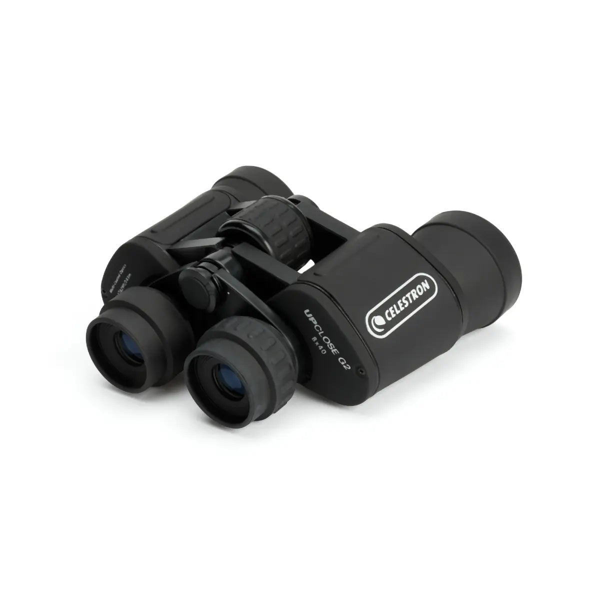 Black Celestron binoculars on a white background
