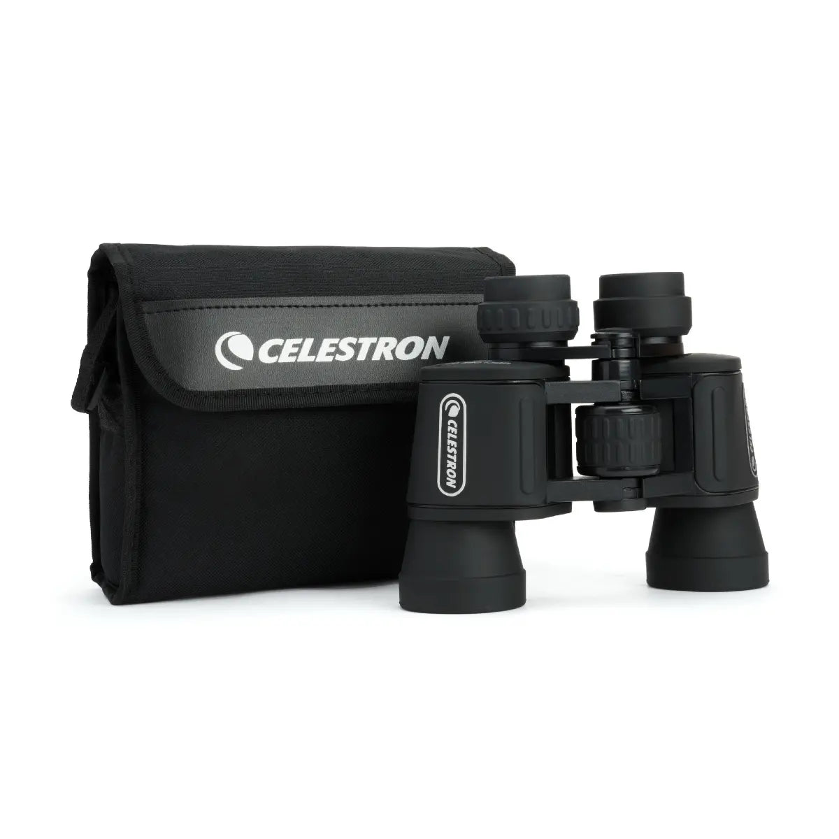 Black Celestron binoculars with carrying case on a white background