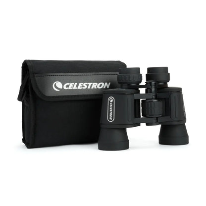Black Celestron binoculars with carrying case on a white background