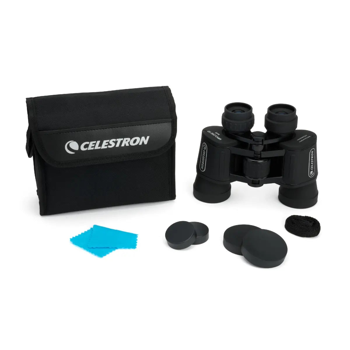 Celestron binoculars with cleaning cloth and lens protectors on a white background