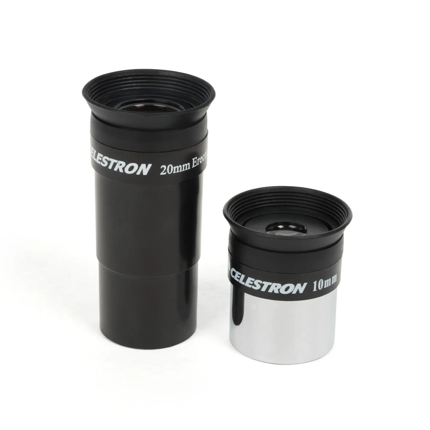 Two Celestron eyepieces, one black and one silver, on a white background.