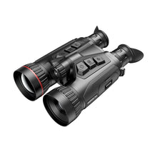 A pair of HIKMICRO Habrok Pro HX60L binoculars with a 1280px sensor, featuring black and red accents, displayed in a standing position.