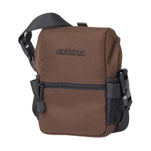 Brown bag with black straps and visible brand logo on a white background