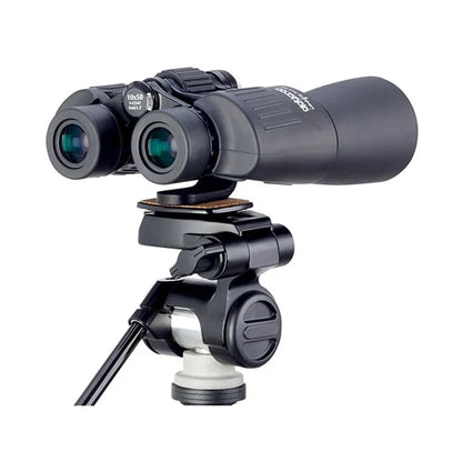 Opticron Binocular Tripod Mount for Binoculars to 50mm OG side angle of mount on tripod with binoculars attached