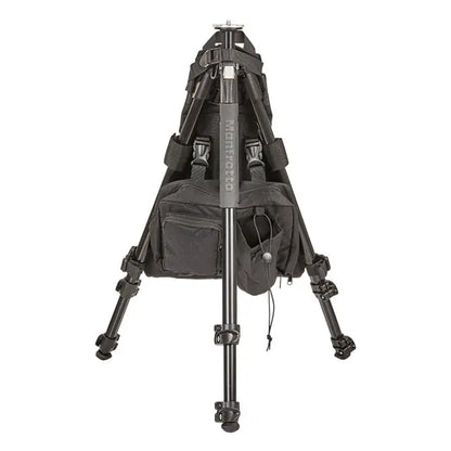 Black camera tripod with carrying bag on a white background