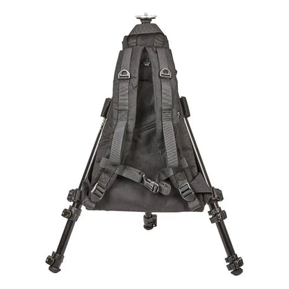 Backpack with built-in tripod legs on a white background