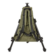 Green backpack with black straps and legs on a white background