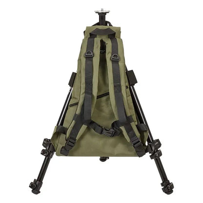 Green backpack with black straps and legs on a white background