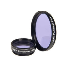 Two light pollution filters with purple glass on a white background