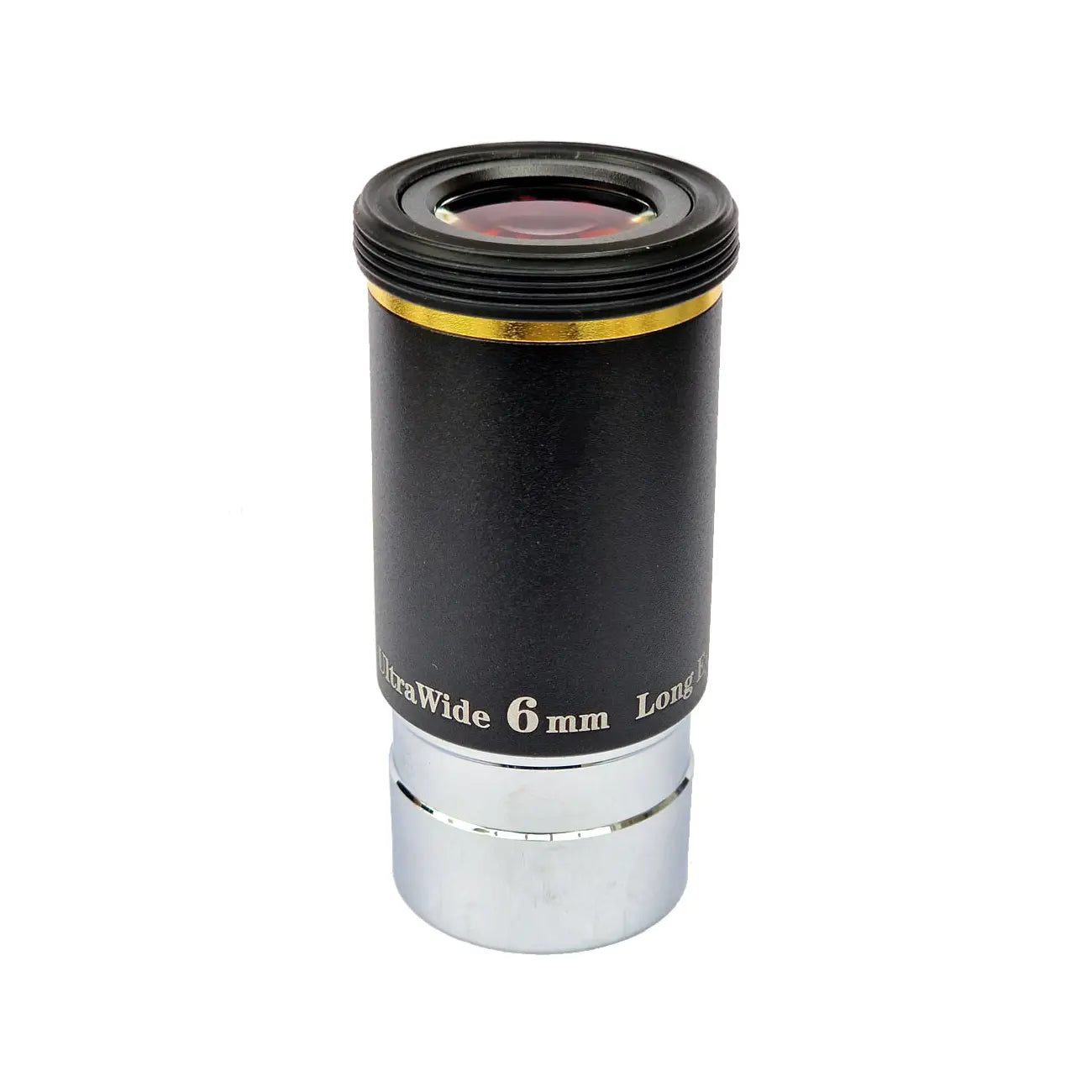Telescope eyepiece with 'UltraWide 6 mm Long' text on a white background
