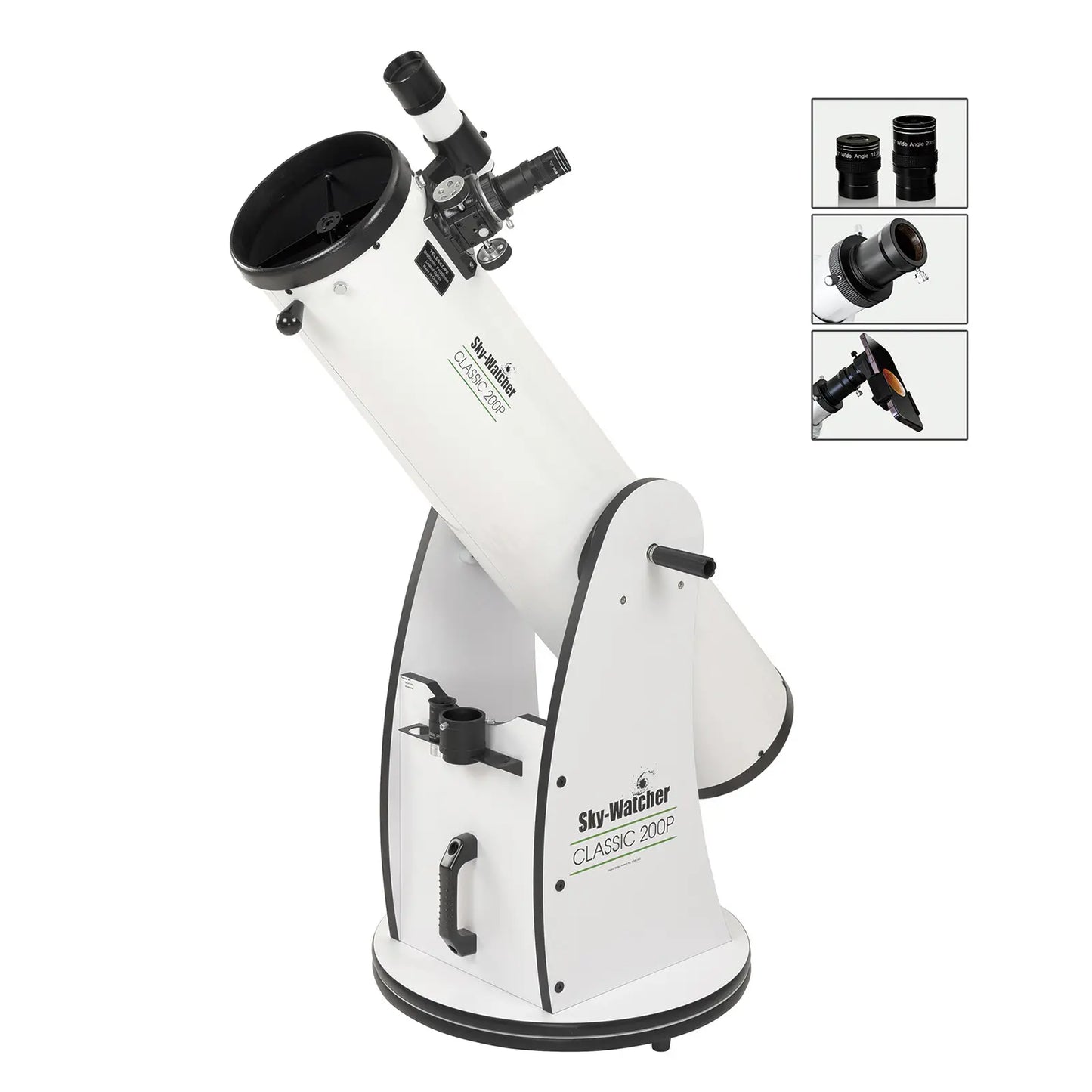 White telescope with additional attachments on a white background