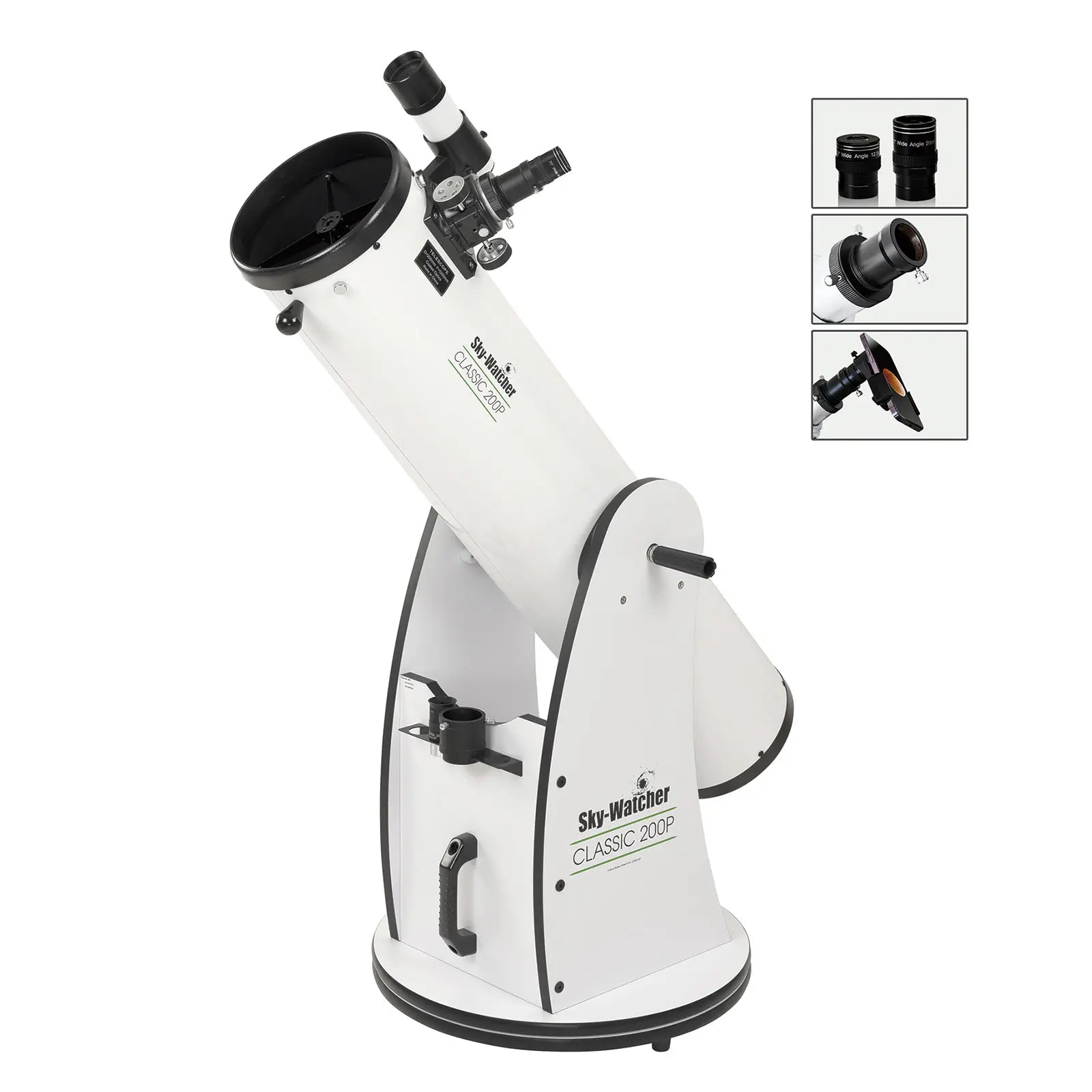 White telescope with additional attachments on a white background