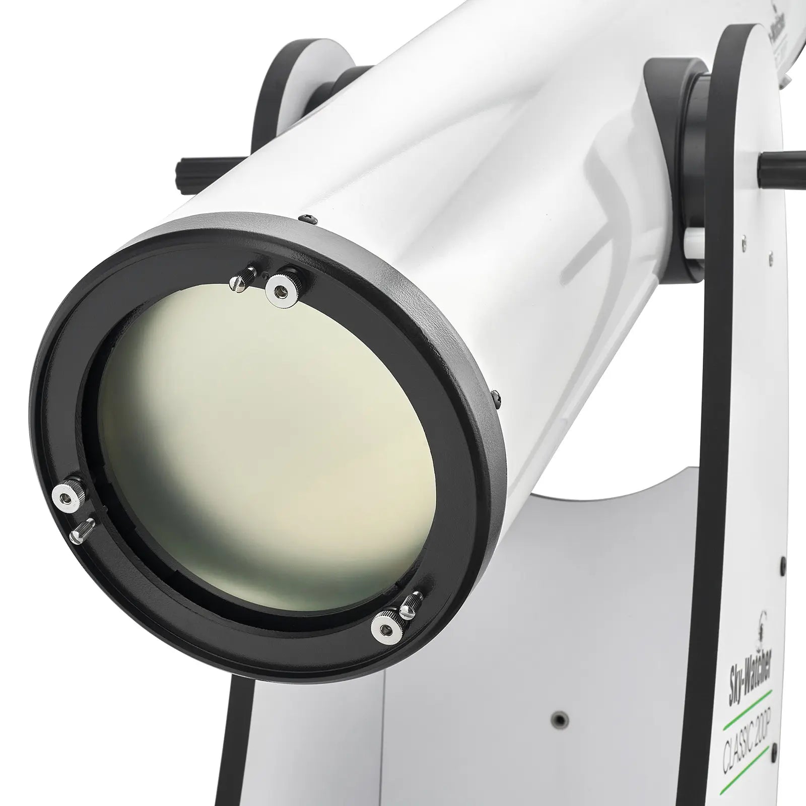 Close-up of a telescope with a white and black design on a white background