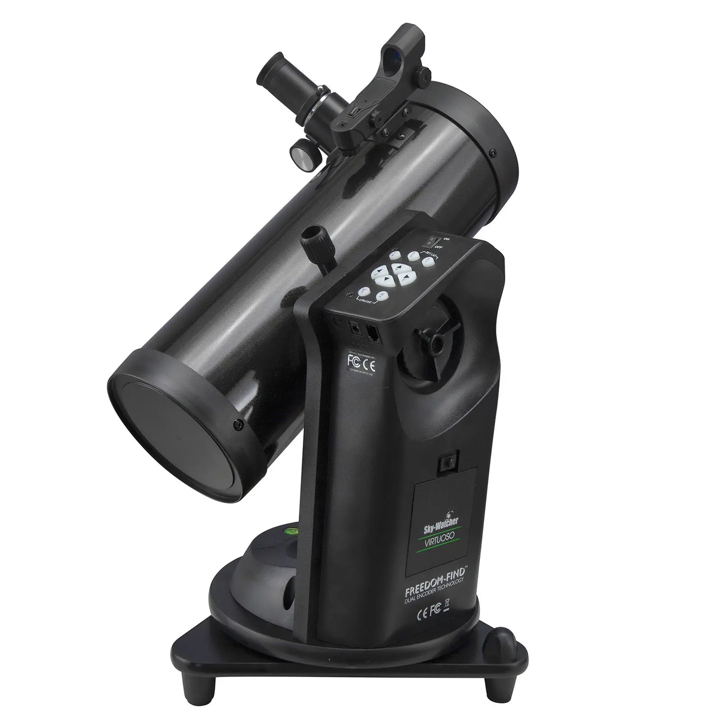 Black telescope with digital display on a white background