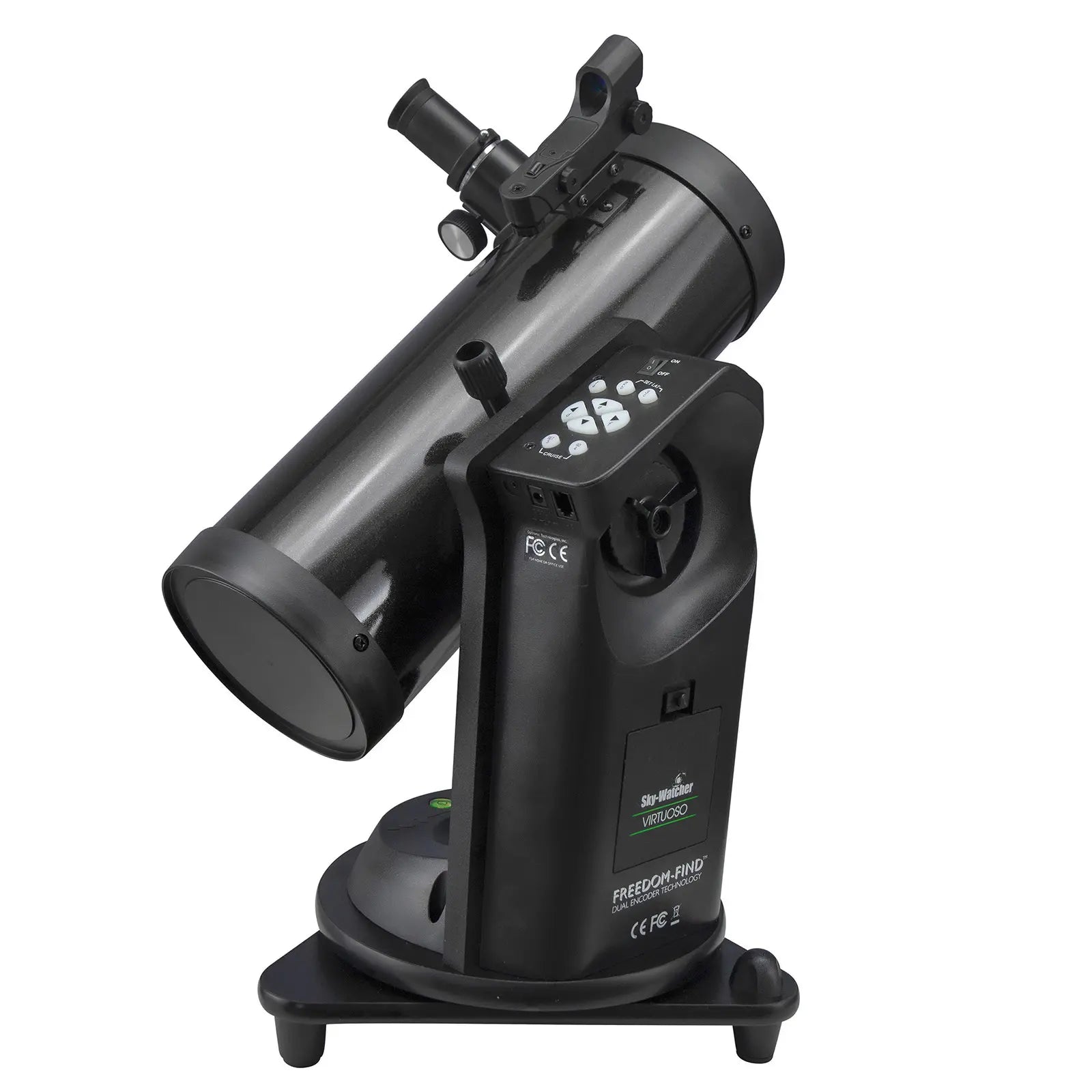 Black telescope with digital display on a white background