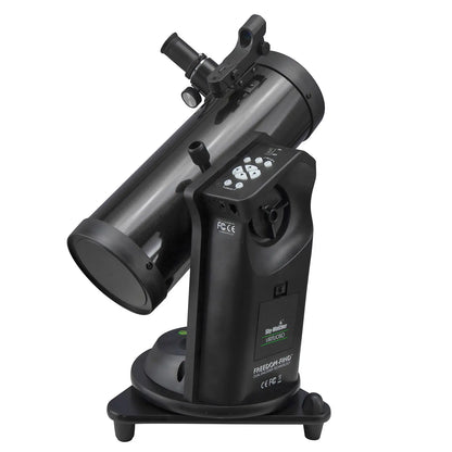 Black telescope with digital display on a white background