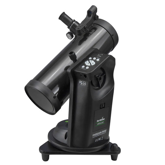 Black telescope with digital display on a white background