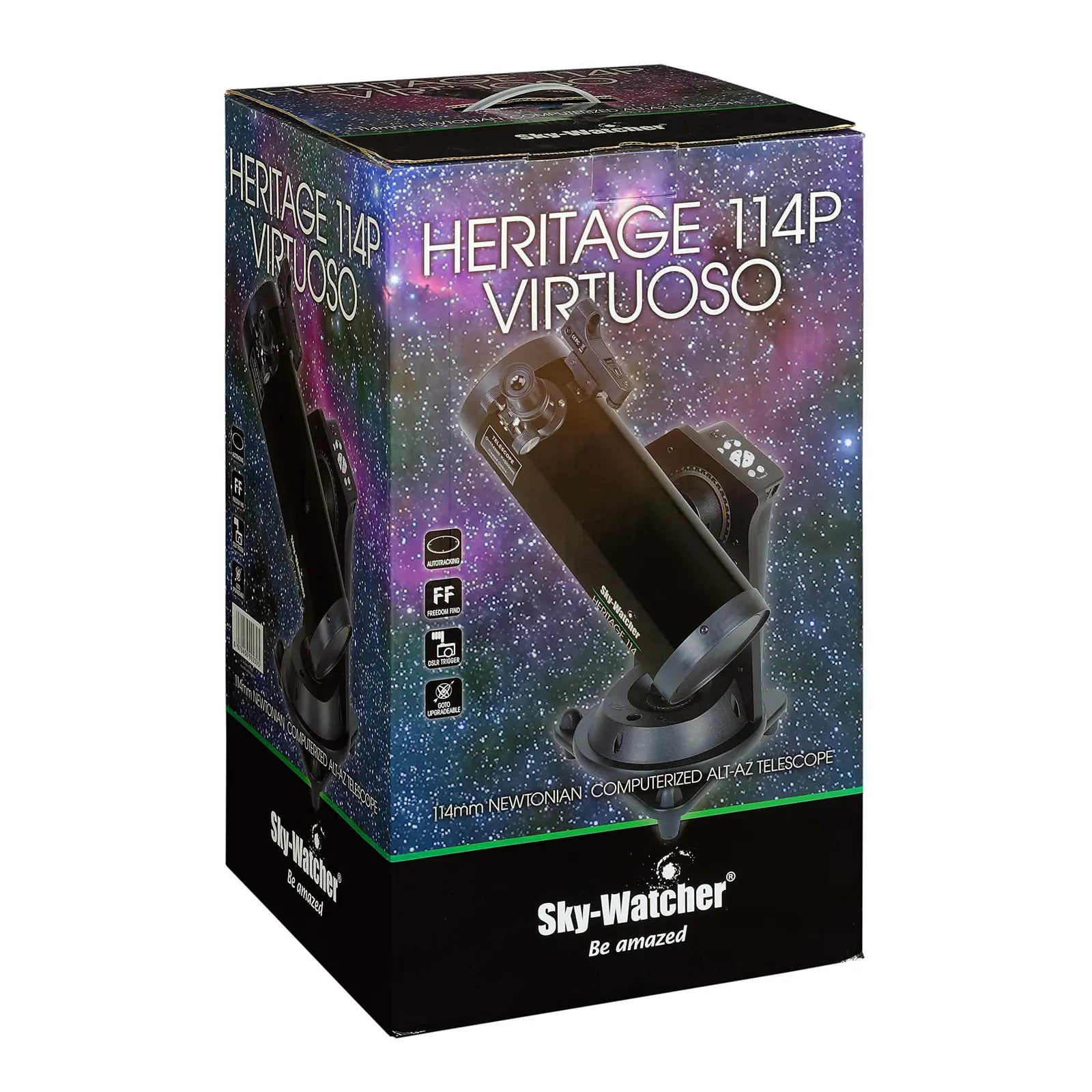 Sky-Watcher Heritage 114P Virtuoso telescope packaging with starry background