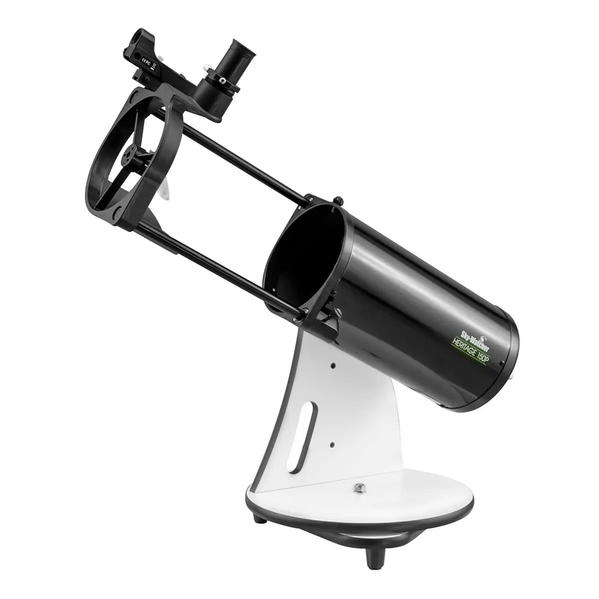 Telescope with a white base and black cylindrical body on a white background