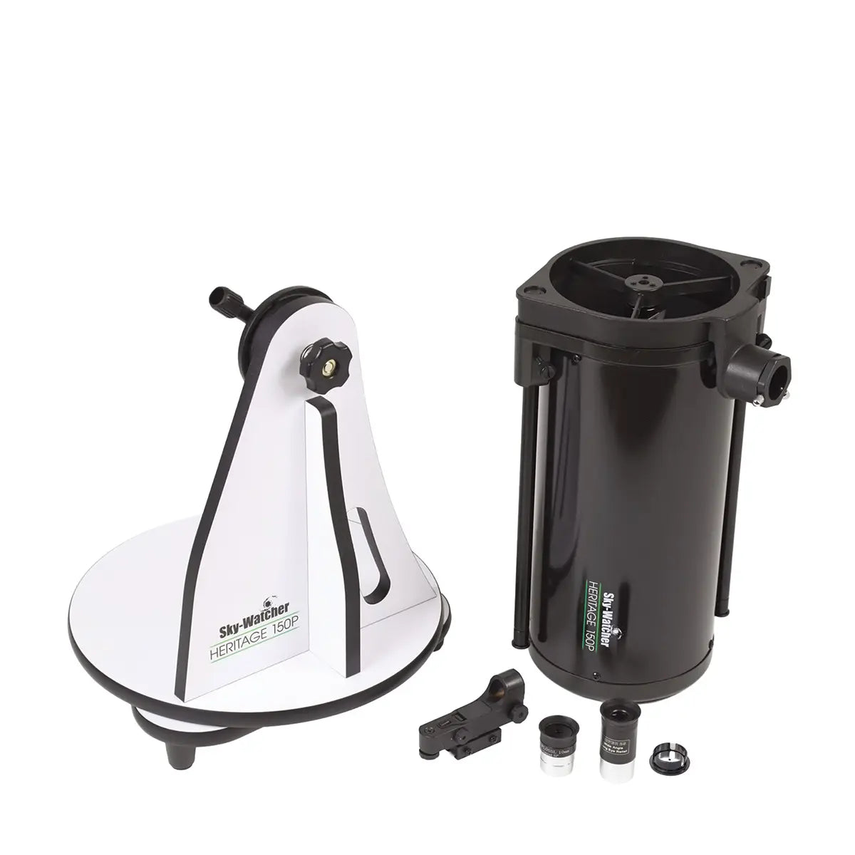 Telescope components including a white equatorial mount and black tube on a white background.