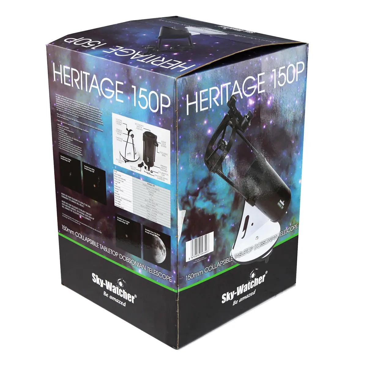 Sky-Watcher Heritage 150P telescope packaging box with starry sky design