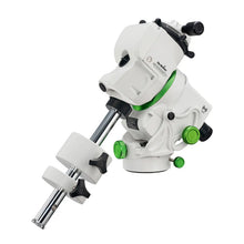 White and green telescope mount on a white background