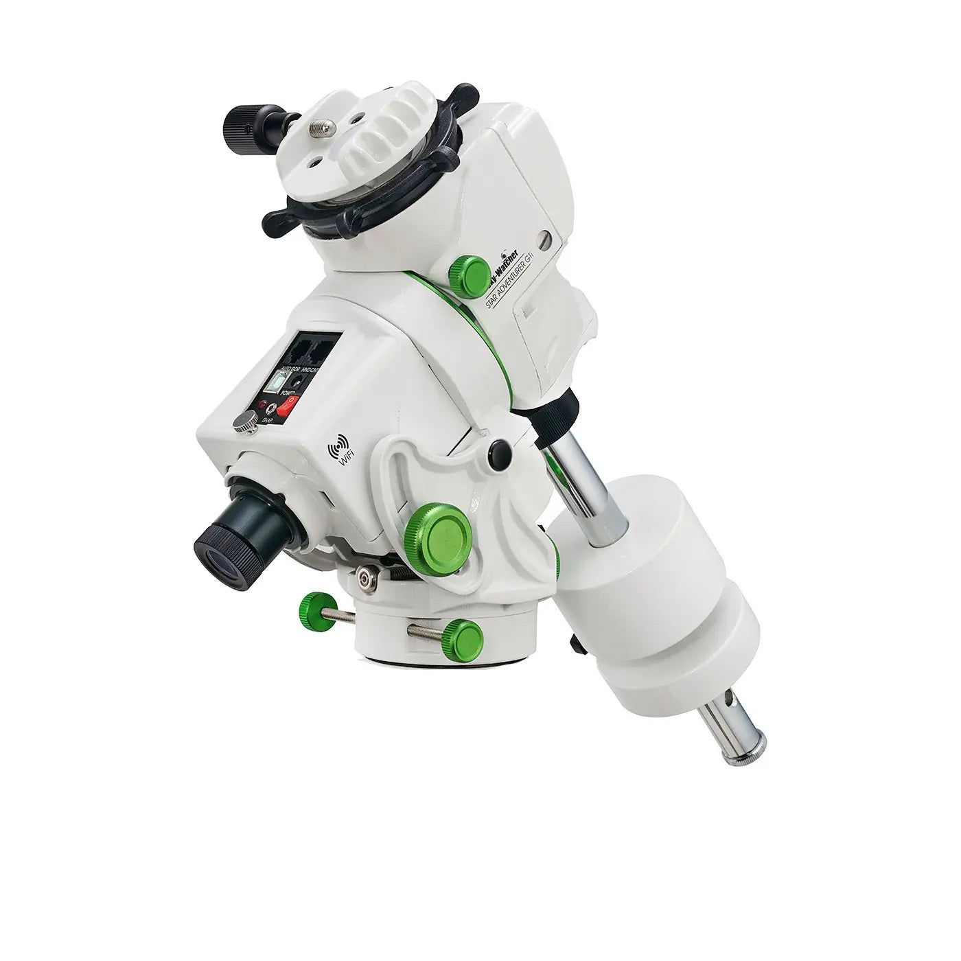 White and green astronomical telescope mount on a white background