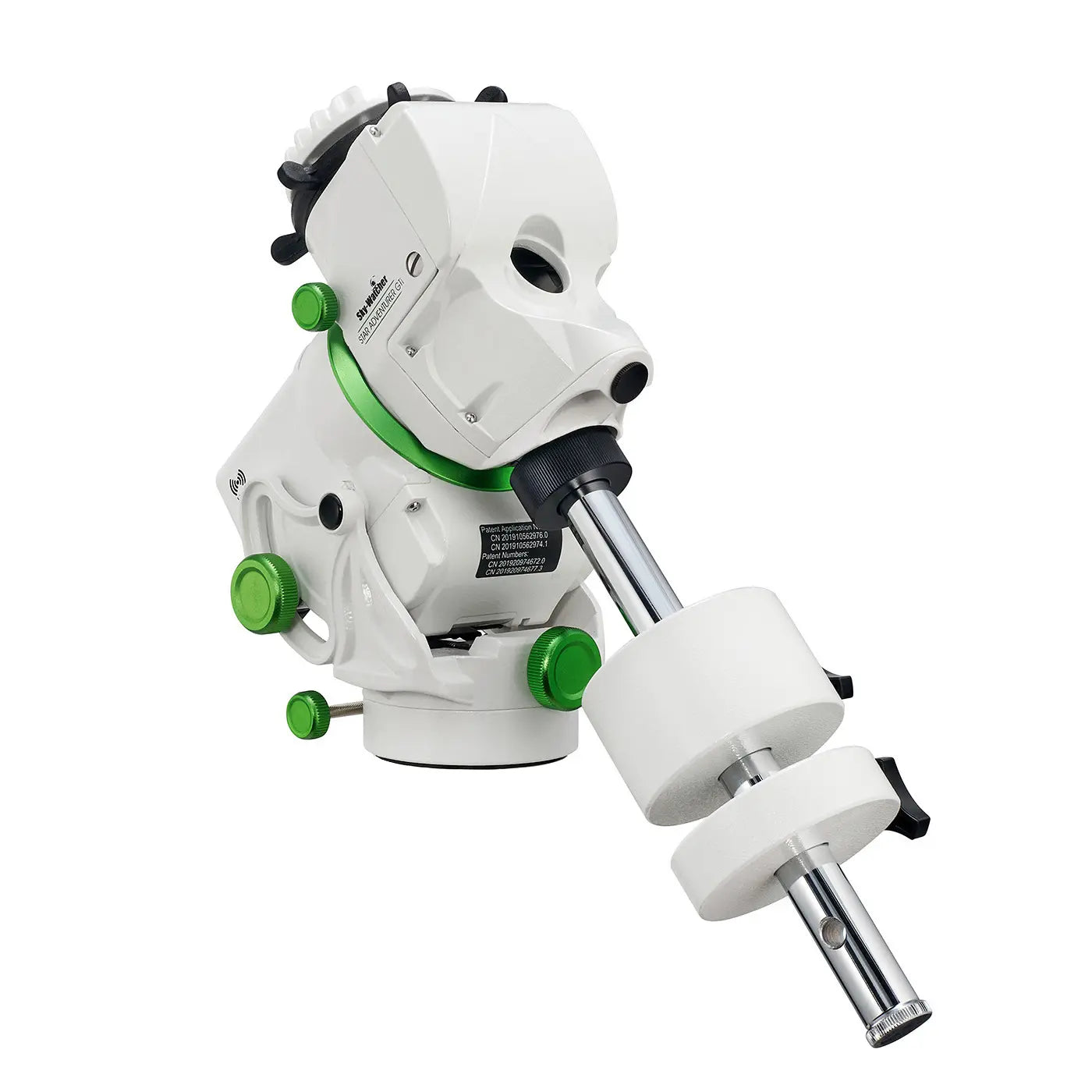 White and green astronomical telescope on a white background