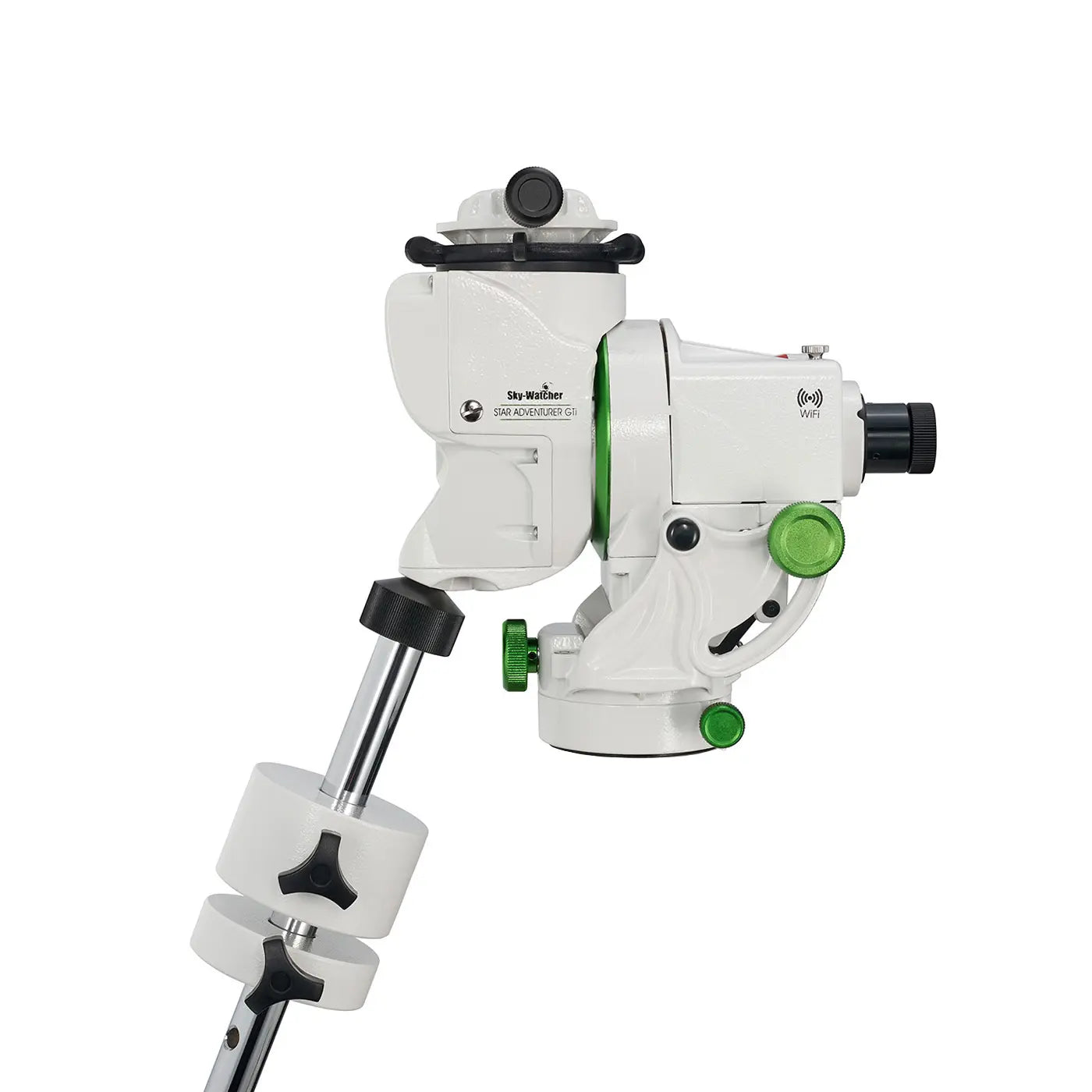 White and green mechanical device on a white background