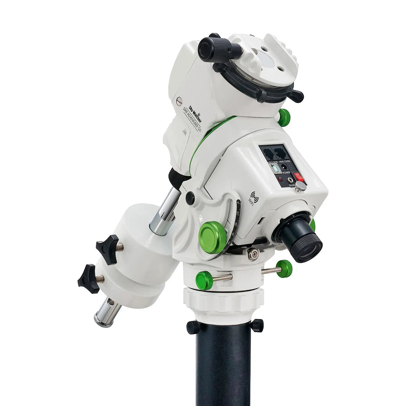 White and green telescope with black accents on a white background