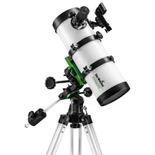 Telescope with white tube and black and green accents on a white background