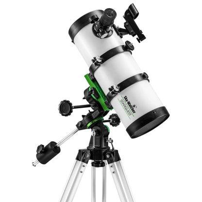 Telescope with white tube and black and green accents on a white background
