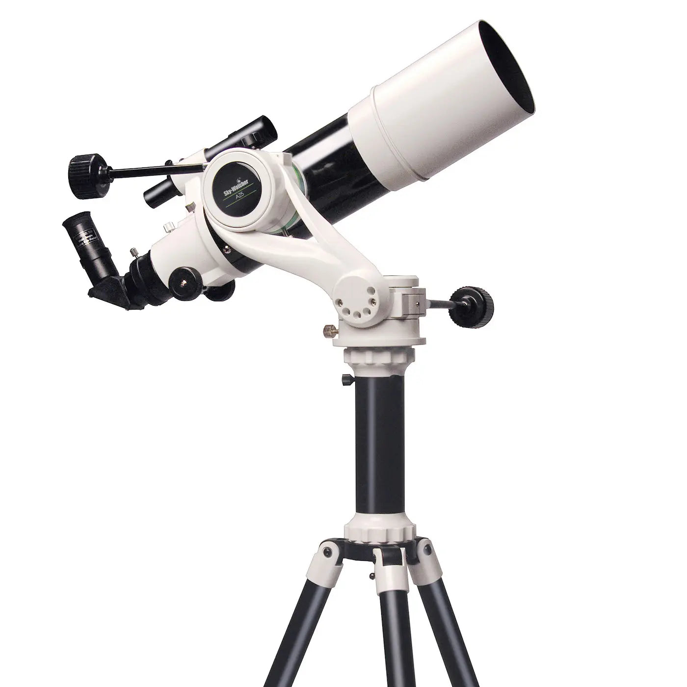 White telescope with black tripod on a white background