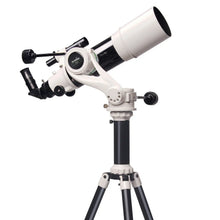 White telescope with black tripod on a white background