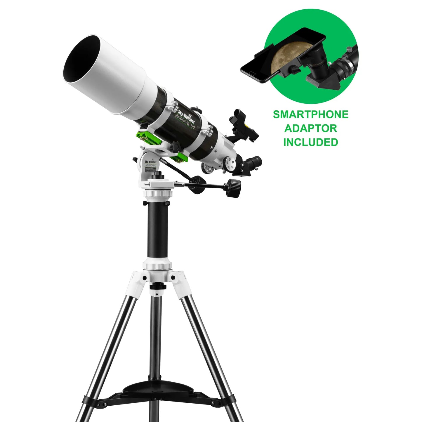 Telescope with smartphone adaptor included on a white background