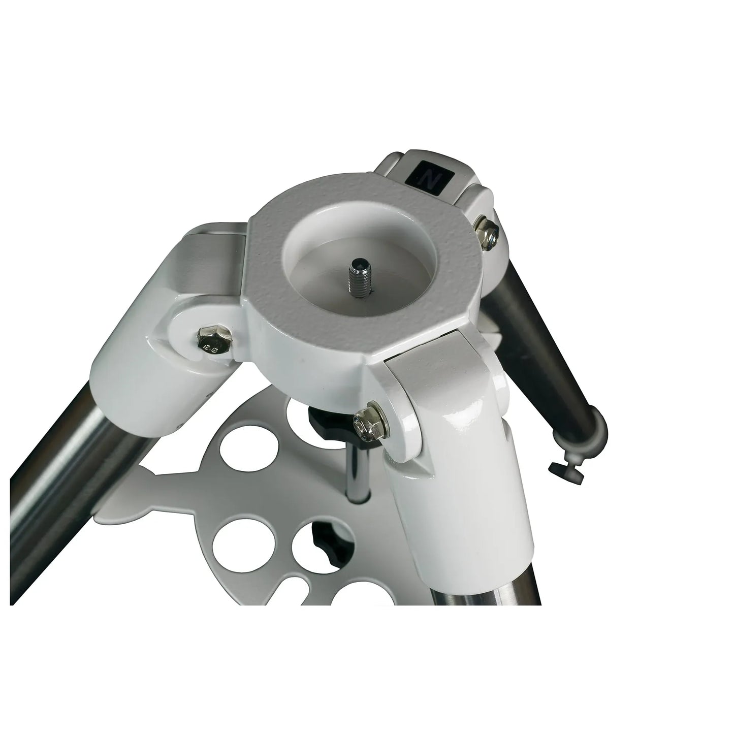 Close-up of a metal tripod with adjustable head on a white background